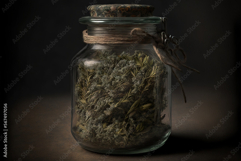 a glass jar filled with lots of green stuff next to a brown table top with a string on top of the jar and a tag on top of the jar. generative ai a glass jar filled with lots of green stuff next to a brown table top with a string on top of the jar and a tag on top of the jar. generative ai