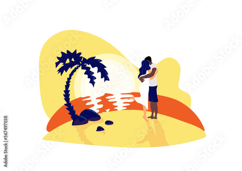 Romantic couple hugging each other, in love on sandy beach at sunset in deep ocean. 
