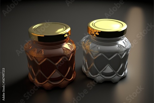  a couple of jars sitting next to each other on top of a table with a gold lid on top of them and a silver jar with a gold lid. generative ai