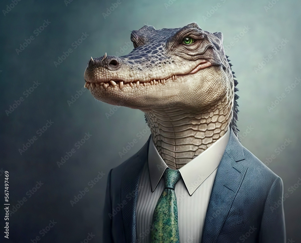 Portrait of a crocodile dressed in a strict business suit, boss, generative ai Portrait of a crocodile dressed in a strict business suit, boss, generative ai