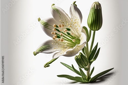  a white flower with green leaves on a white background with a white background and a white background with a white background and a white background with a white background with a.  generative ai