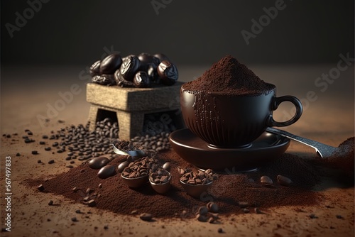  a cup of coffee and some beans on a table with a scoop of cocoa on top of the cup and a scoop of chocolate on the side. generative ai
