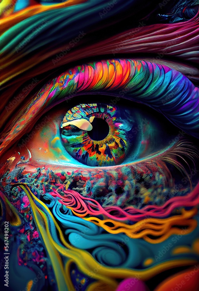 Obraz premium The Colors of a Psychedelic Rainbow in the Pupil of the Eye. Generative ai