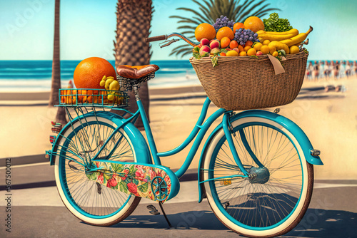  a painting of a blue bicycle with a basket full of fruit on the front of the bike, with a palm tree in the background. generative ai