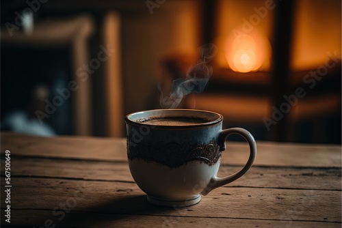  a cup of coffee with steam rising out of it on a wooden table in front of a fireplace with a lit candle in the background. generative ai
