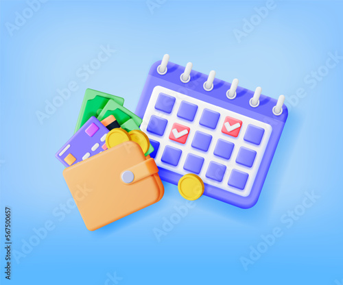 3D Calendar and Wallet with Cash Isolated. Render Time is Money Concept. Annual Revenue, Financial Investment, Savings, Bank Deposit, Future Income, Business Money Benefit. Vector Illustration
