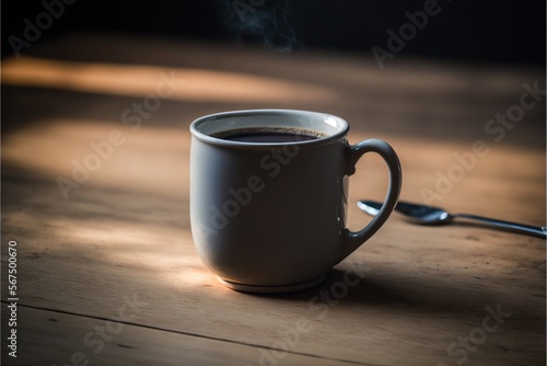  a cup of coffee on a table with a spoon and spoon rest on the side of the cup and smoke coming out of the top of the cup.  generative ai