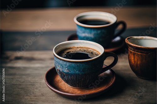 two cups of coffee sitting on top of a saucer on a wooden table next to a cup of coffee on a saucer on a saucer.  generative ai photo