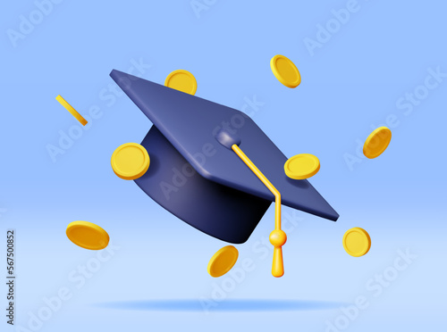 3D Graduation Cap with Gold Coins Banknotes Isolated. Render Cash Money for Education, Savings and Investment Concept. Academic and School Knowledge. Realistic Vector Illustration