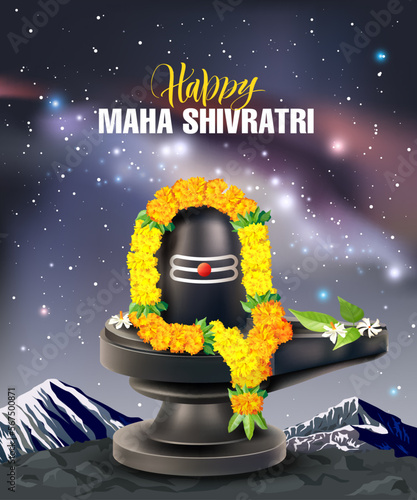 Greeting card with Shivling (Lingam) and starry sky for Maha Shivratri, a Hindu festival celebrated of Lord Shiva. Vector illustration.