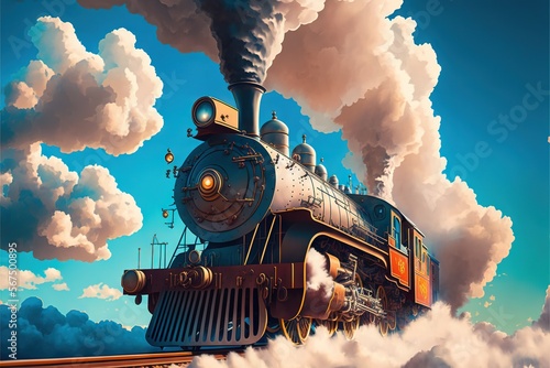 Photo a painting of a steam engine train coming down the tracks with smoke billowing out of it's stacks and steam coming out of it's stacks