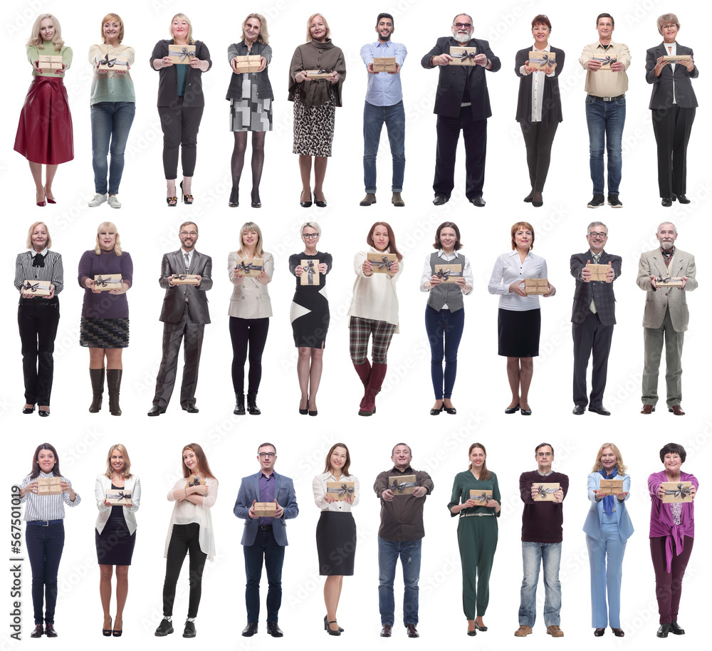 Obraz premium group of happy people with gifts in their hands isolated