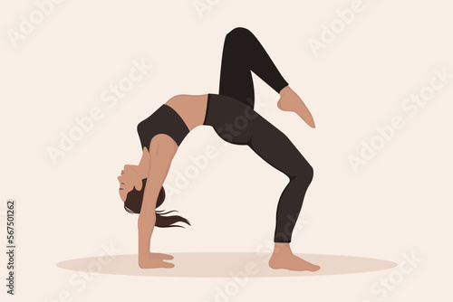 Picture of young woman performing physical exercises and demonstrating various yoga asanas on light background. Colorful flat vector illustration.