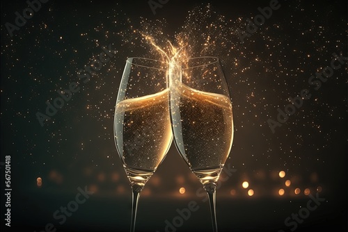  two glasses of champagne with sparkling bubbles on a black background with gold glitter and a black background with a few lights in the background and a few bubbles.  generative ai