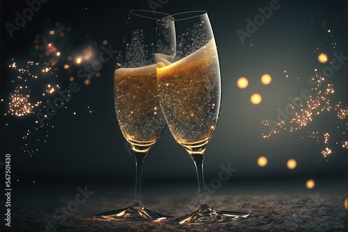  two champagne flutes with sparkling bubbles on a dark background with gold confetti and sparklers in the air and on the ground, with a black background with gold stars.  generative ai