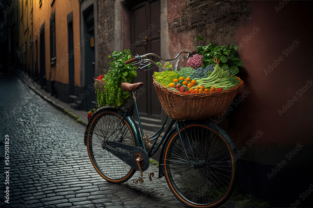  a bicycle with a basket full of vegetables parked on a cobblestone street next to a brick building with a door on the side.  generative ai