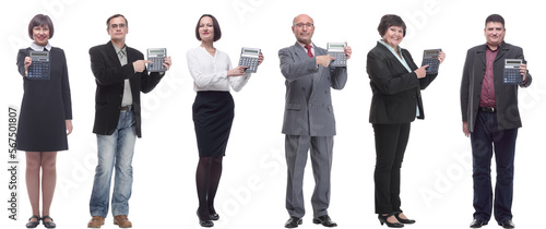 collage of people demonstrate calculator in hand isolated