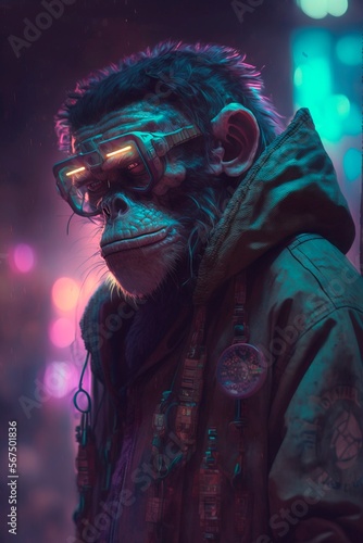 Humanoid chimpanzee in futuristic clothing on a blurred cyberpunk city street background with bright neon lights. Bokeh effect. Future concept. Generative AI illustration.