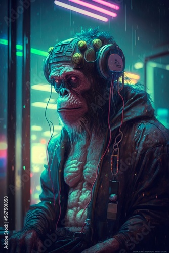 Fototapeta Humanoid chimpanzee in futuristic clothing on a blurred cyberpunk city street background with bright neon lights