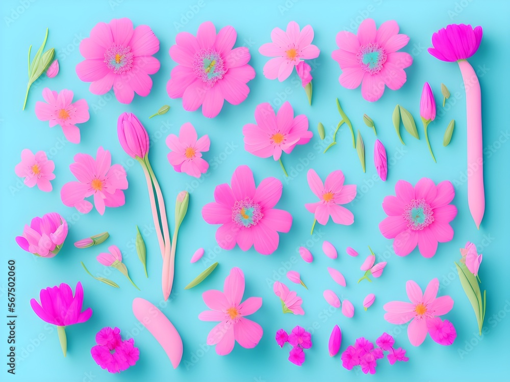 Flat Lay of Spring Flowers, Generative AI Illustration
