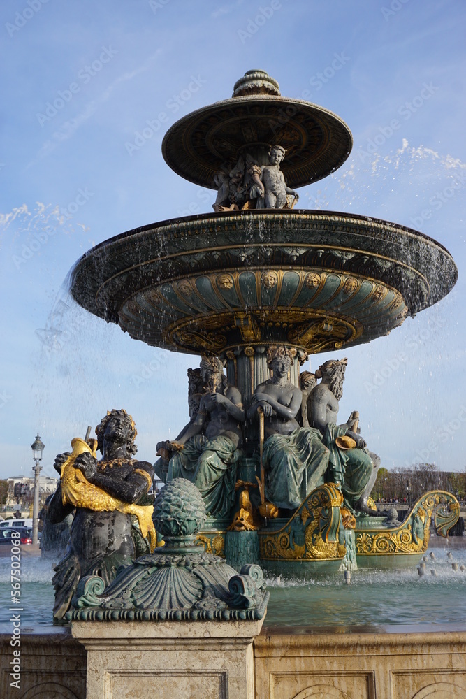 closeup of La Fontaine des Fleuves, place de la Concorde, downtown Paris, France