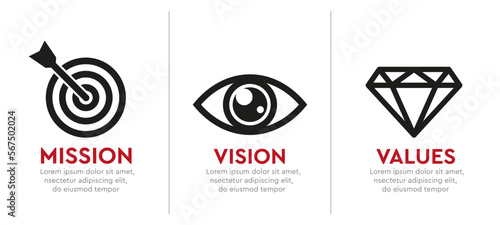 Mission, Vision, Values - corporate philosophy icons. Vector company icons.