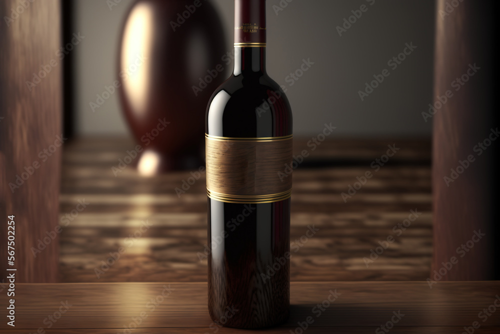  a bottle of wine sitting on a wooden table next to a vase of red flowers and a vase of red flowers on a table in the background.  generative ai