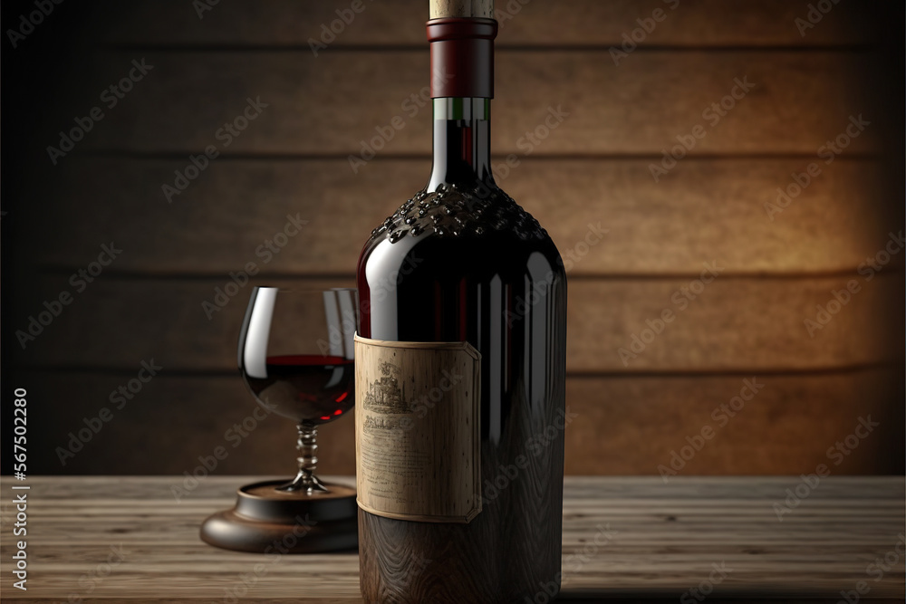  a bottle of wine and a glass of wine on a wooden table in front of a wooden wall with a wooden paneled wall behind it.  generative ai