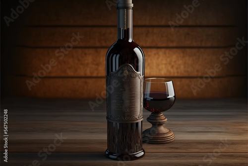  a bottle of wine next to a glass of wine on a wooden table in a dark room with a light shining on the wall behind it. generative ai