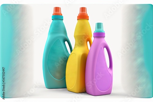  a group of three different colored bottles of detergent on a white background with a blue border around the bottle and the top of the bottle is empty.  generative ai