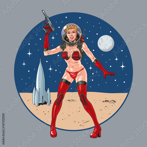 Pin up astronaut girl with laser gun standing on the Moon another planet. Classic comic book style vector illustration.