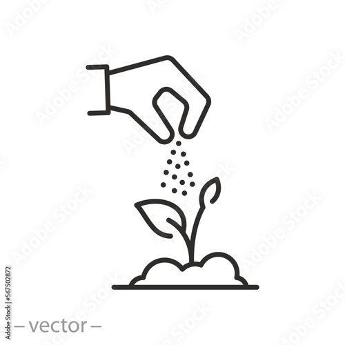 plant fertilizer icon, growing plant in soil, agriculture genetic, thin line symbol on white background - editable stroke vector illustration eps10