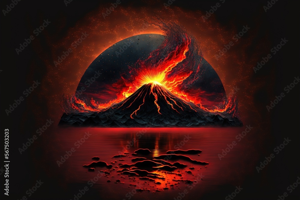  a volcano with lava surrounding it and a bright red glow in the middle of the image, with a black background and a red and orange glow in the middle of the image.  generative ai
