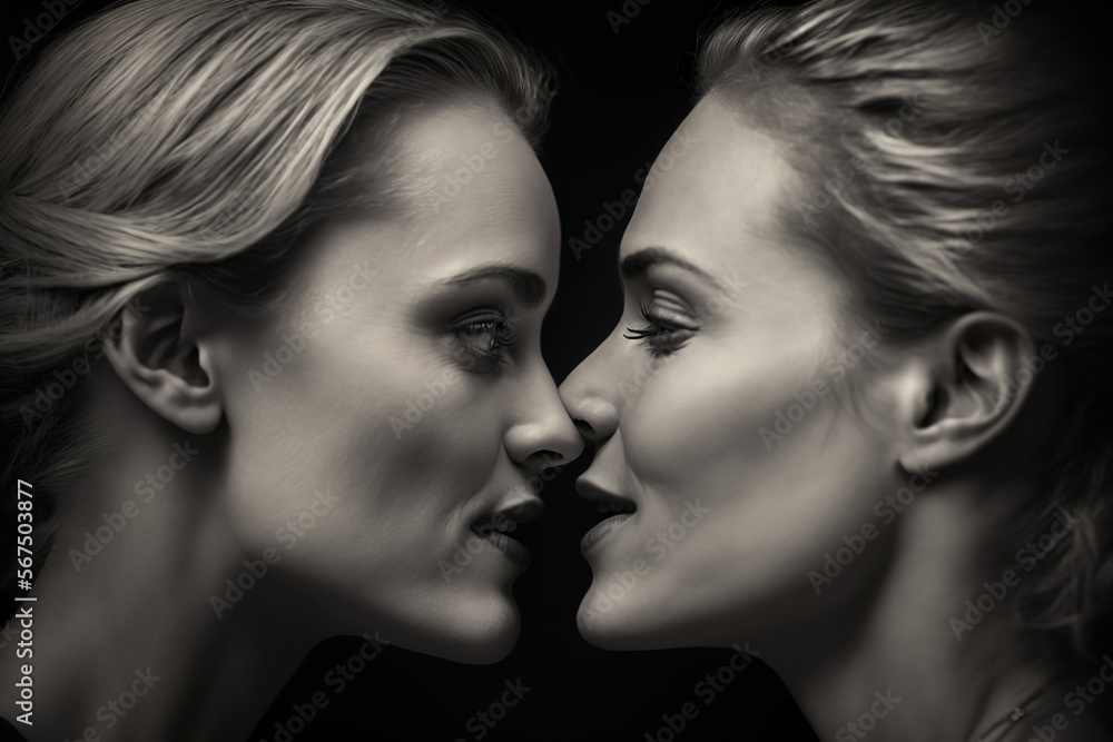 Sweet moment of sensual intimacy between gay girlfriends. LGBT and gay concept. Close a kiss of a lesbian couple. Detail of the lips of two women about to kiss on black background, Generative ai Sweet moment of sensual intimacy between gay girlfriends. LGBT and gay concept. Close a kiss of a lesbian couple. Detail of the lips of two women about to kiss on black background, Generative ai