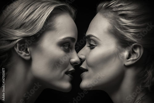Sweet moment of sensual intimacy between gay girlfriends. LGBT and gay concept. Close a kiss of a lesbian couple. Detail of the lips of two women about to kiss on black background, Generative ai