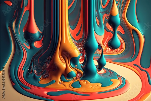  an abstract painting of liquid flowing down the center of a cone shaped structure with a blue, red, yellow, and orange liquid flowing down the center. generative ai