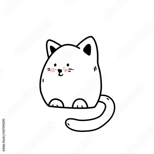 Cute smiling sitting cat doodle style  vector illustration isolated on white background. Furry domestic animal  lovely pet  black outline decorative design element