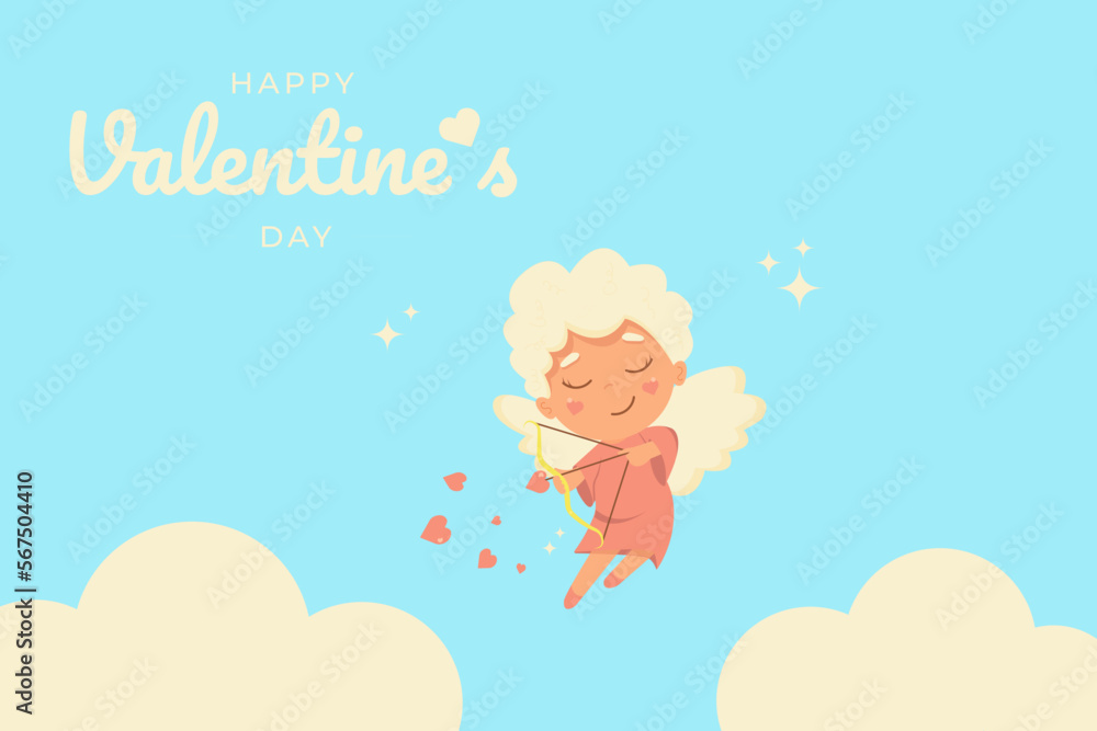Cupid Love silhouette with bow and arrow. Valentines day banner. Vector flat illustration Cupid Love silhouette with bow and arrow. Valentines day banner. Vector flat illustration