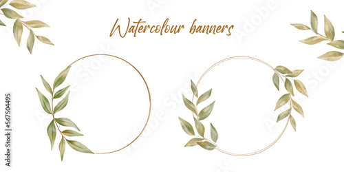 Vector watercolour leaves. Wedding decorative wreath. Spring decoration. Banner template