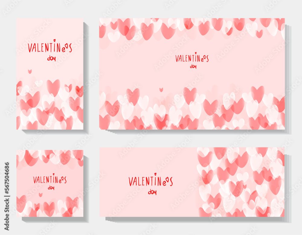Set of Valentine's Day cards in shades of pale pink in doodle style with hearts. Vector illustration.