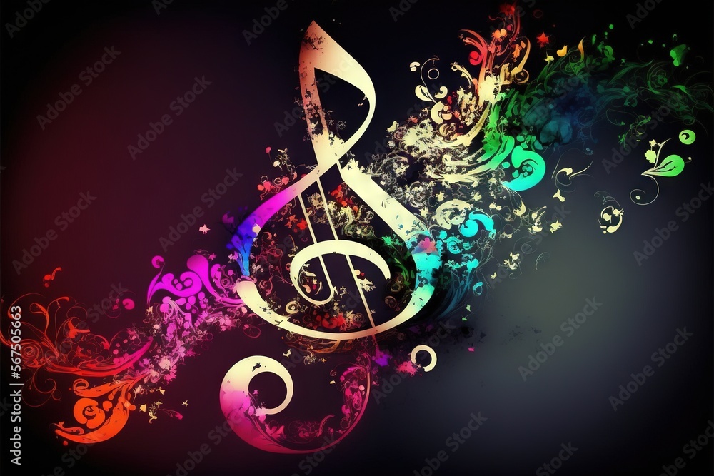 a colorful music note with swirls and leaves on a black background with