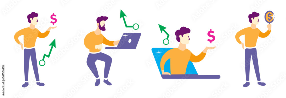 set of finance, economy and trading related concepts (Online finance, exchange, profit, market research) market recovery and gain vector illustrations. set of finance, economy and trading related concepts (Online finance, exchange, profit, market research) market recovery and gain vector illustrations.