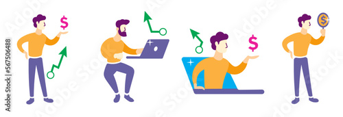 set of finance, economy and trading related concepts (Online finance, exchange, profit, market research) market recovery and gain vector illustrations.