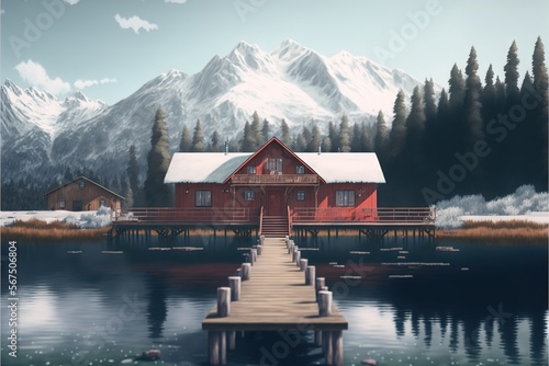  a painting of a red house on a lake with a dock and mountains in the background with snow on the ground and a dock in the foreground. generative ai