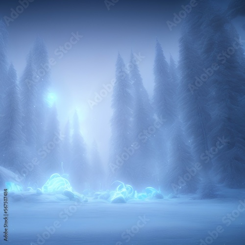 Abstract fantasy glacial winter cold neon landscape. Winter snowy landscape. Winter background  ice  Ice magic portal  light entrance. North polar relief. 3D illustration - generative ai