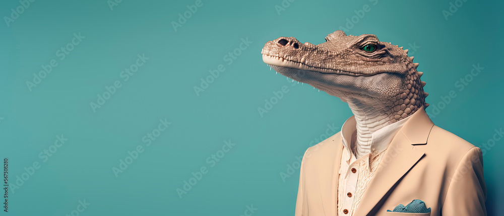 Alligator dressed in a formal business suit with a pastel background. anthropomorphic businessman. Generative AI