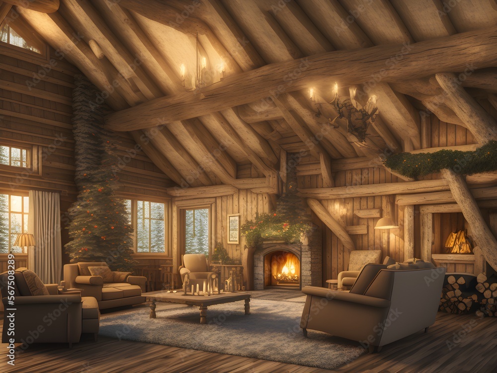 Chalet Interior, Generative AI Illustration Chalet Interior, Generative AI Illustration