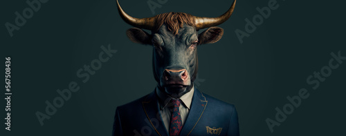 Bull dressed in a formal business suit. anthropomorphic businessman. Generative AI