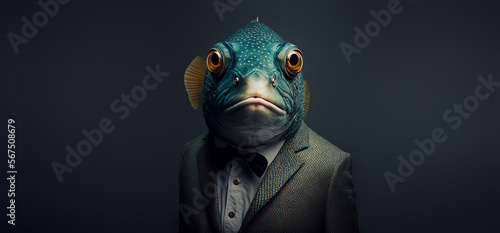 Fish dressed in a formal business suit. anthropomorphic businessman. Generative AI