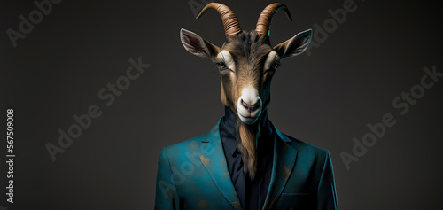 Goat dressed in a formal business suit. anthropomorphic businessman. Generative AI © Lemart